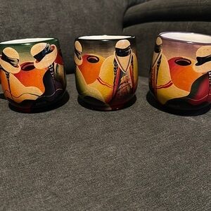 Set of 3 Poniho Poncho Purple Black Green Hand Painted Mug